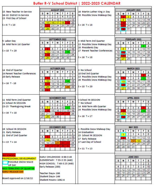 Butler School Calendar 202223 Butler RV School District